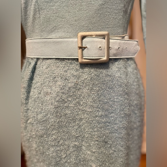 Vintage 1960s Baby Blue Glamorous Boucle Textured Skirt Belted Pencil Dress - Picture 7 of 15